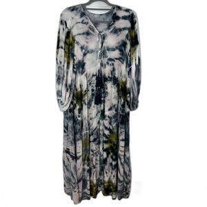Young, Fabulous & Broke Tie-Dyed Dawn Tiered Caftan Sz Medium Olive, Blue, White
